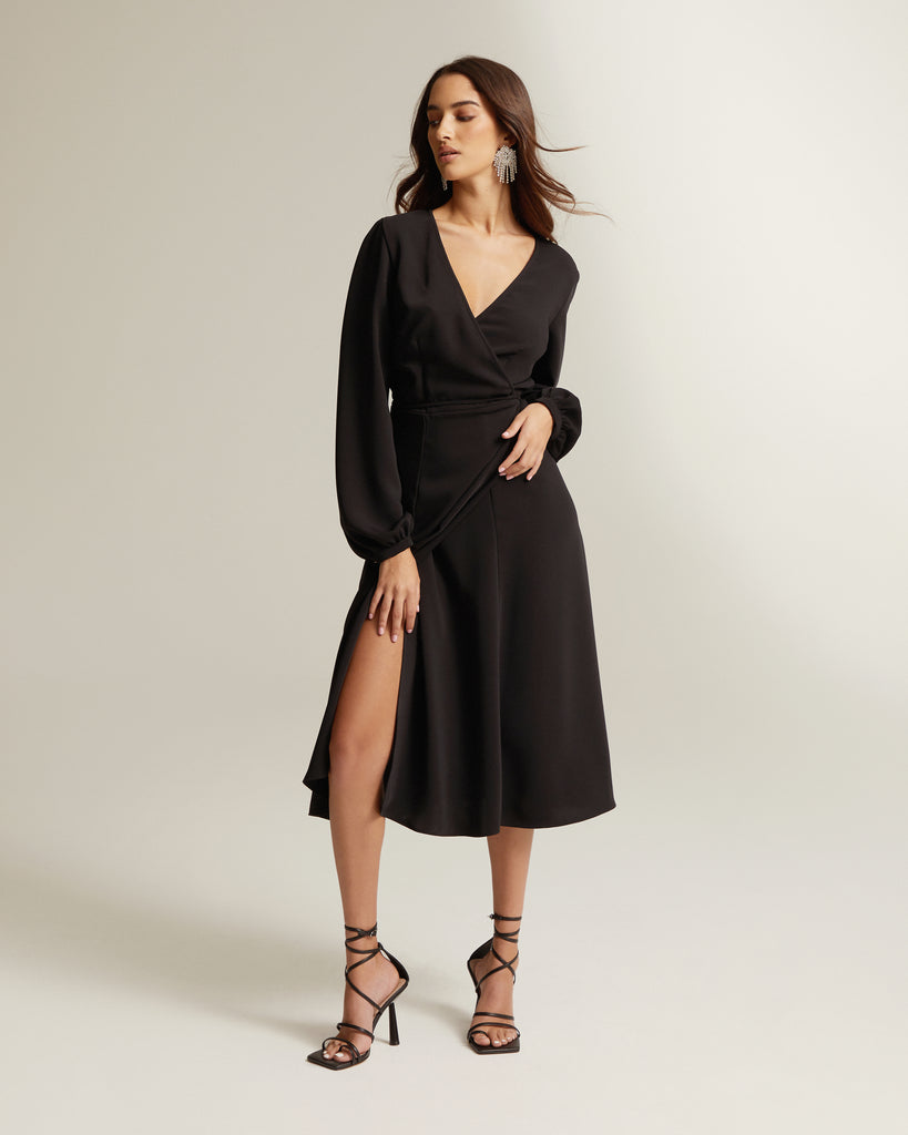 black wrap dress with thigh split and long sleeves