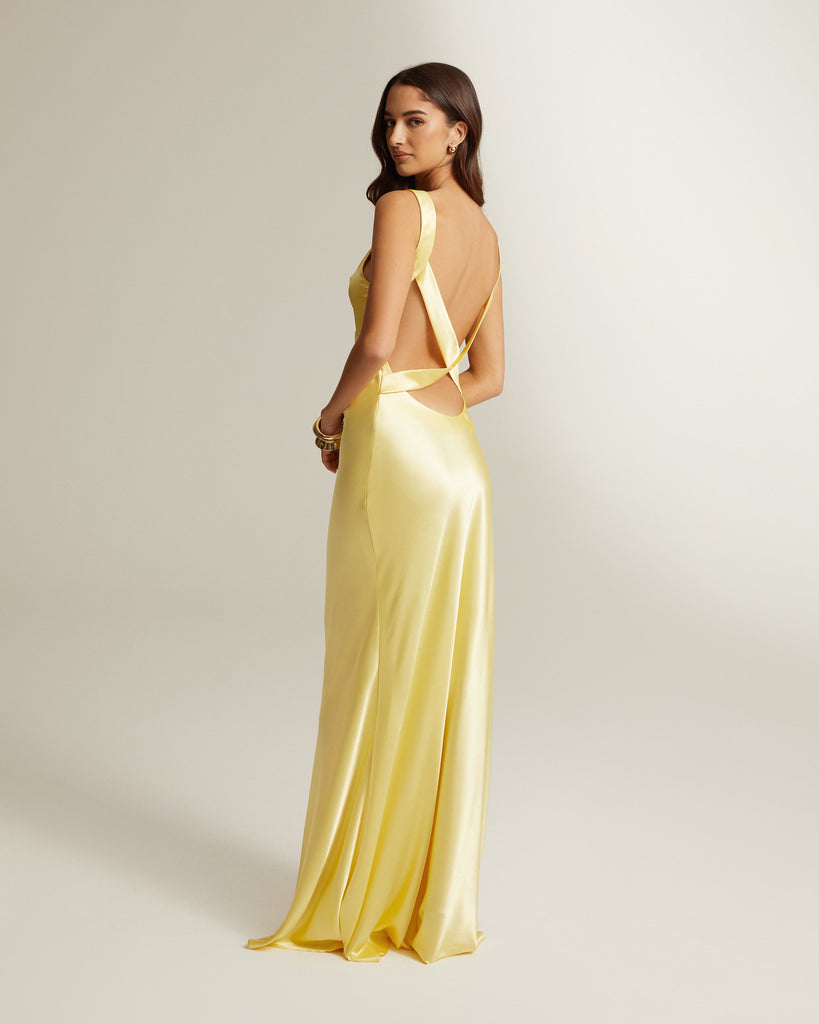 backless cross over yellow full length dress